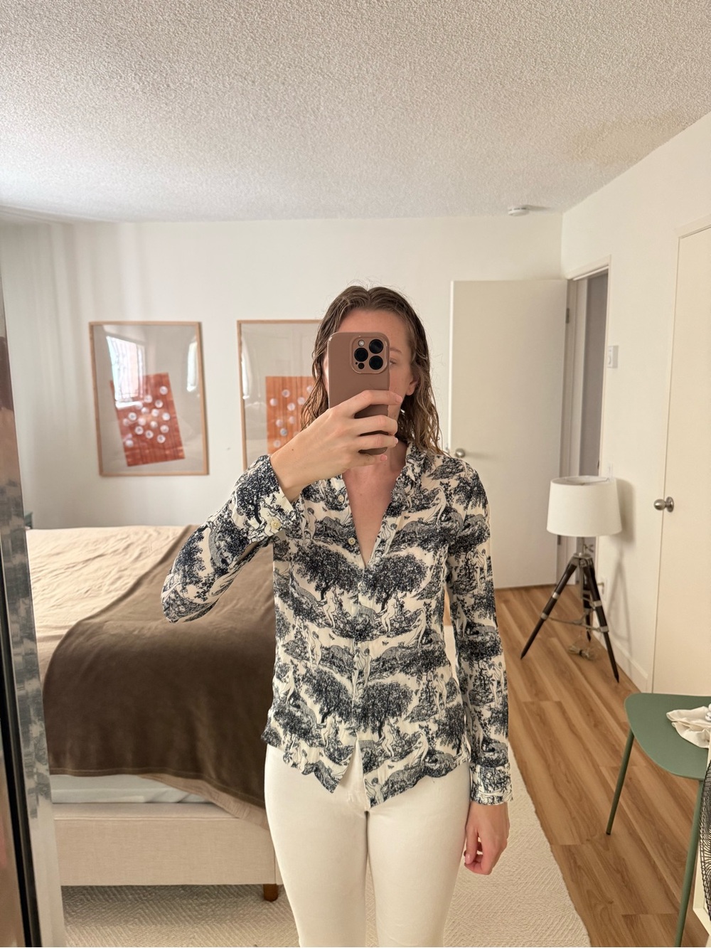 Reformation Black and White Scenic Print Button-Down Shirt